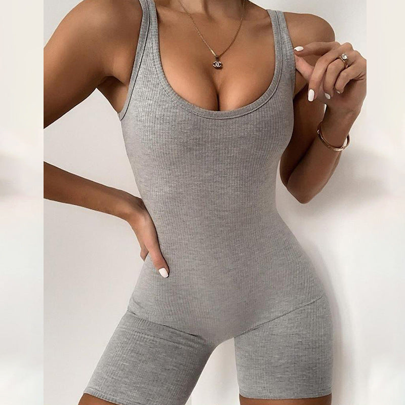 Summer Women Sleeveless Bodycon Jumpsuit Sport Tracksuit Female Gym Fitness  Jumpsuit Lady Solid O Neck Skinny Jumpsuits size S Color gray