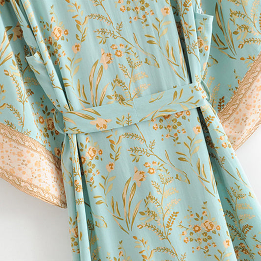 2020 New Hot Selling Vintage Boho  Floral Print Long Kimono Cardigan  Summer Tops Belted Beachwear Vestido Blusas Mujer
