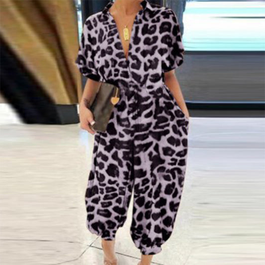 2020 Sexy V-Neck Button Lace-Up Jumpsuit Summer Short Sleeve Loose Playsuit Overalls Women Elegant Leopard Print Pocket Rompers