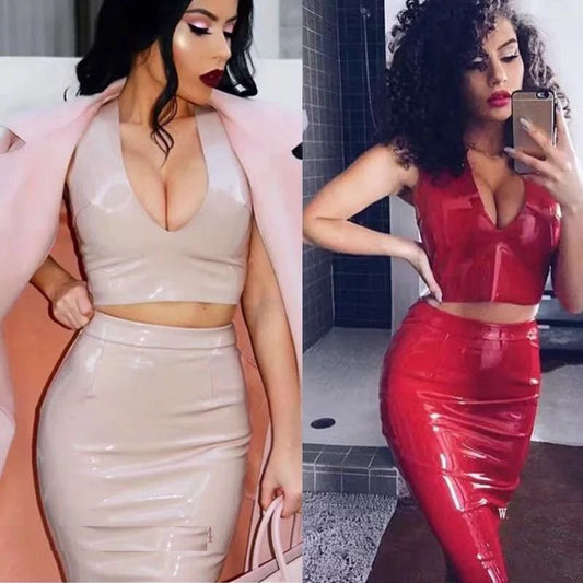 2021 Summer Women&#39;s Elastic Bright PU Leater Two-Piece Suit Dresses Tops+Skirt Female Night Club Tight Mujer Vestido