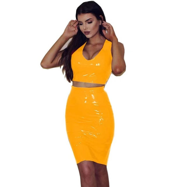 2021 Summer Women&#39;s Elastic Bright PU Leater Two-Piece Suit Dresses Tops+Skirt Female Night Club Tight Mujer Vestido